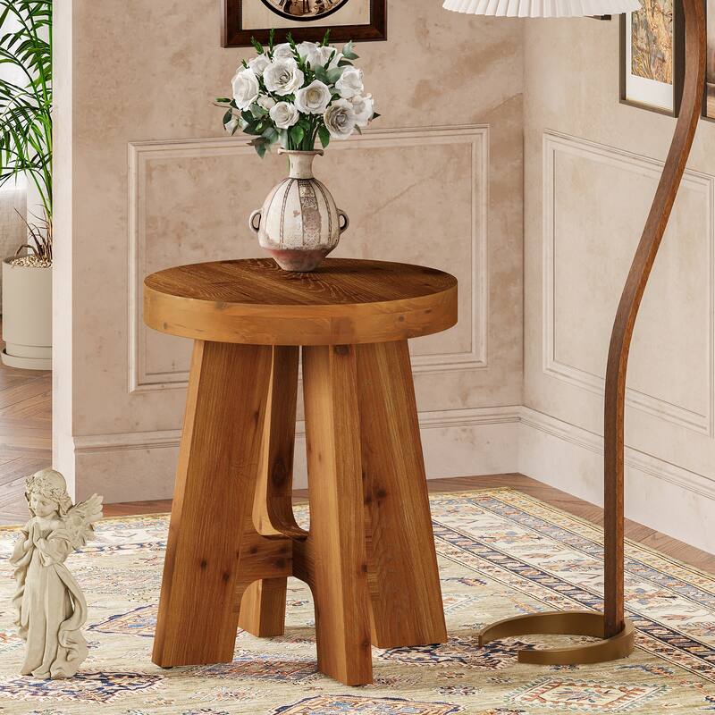 Solid Wood Round End Table, Farmhouse Small Round Side Table