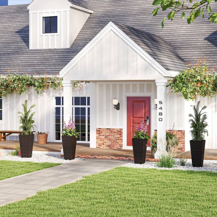 Mix Brown PE Rattan Metal Tall Planter Set of 2 with Drainage and Liner for Patio - 15" x 15" x 30" (L x W x H)