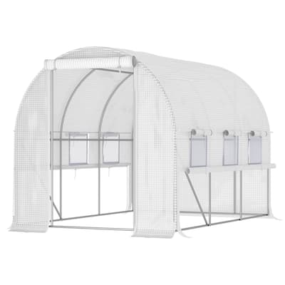 Walk-in Tunnel Greenhouse, Outdoor Green House with Anti-Tear PE Cover, Zipper Doors and Mesh Windows, White