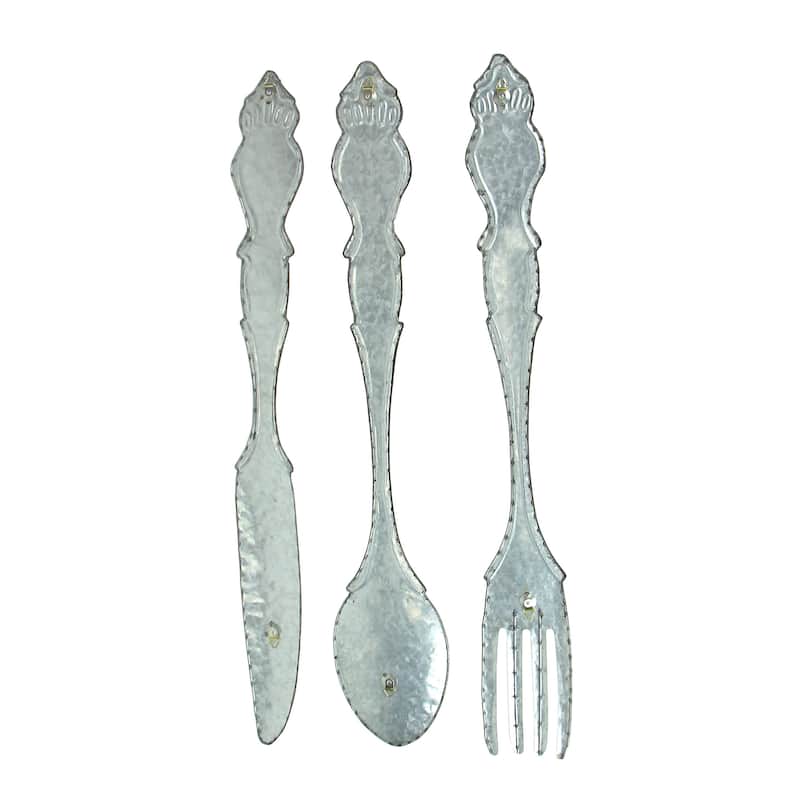 Zeckos 30 Inch Gray Metal Fork Spoon Knife Wall Hanging (Set Of 3)
