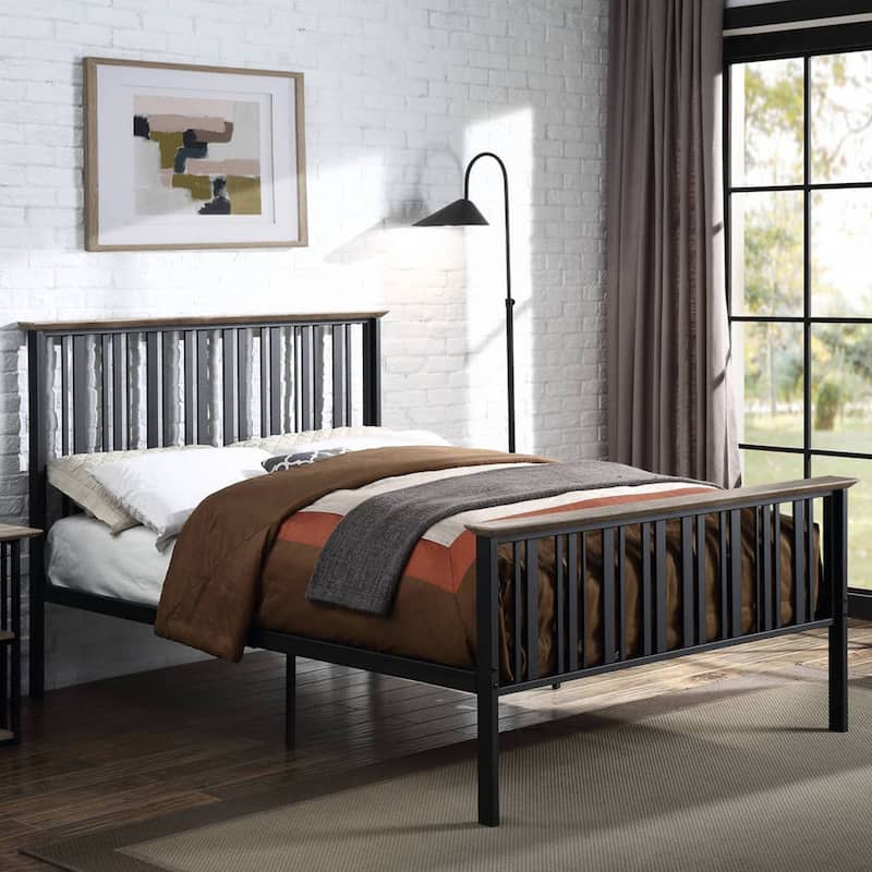 Metal Size Bed in Antique Oak and Black Finish