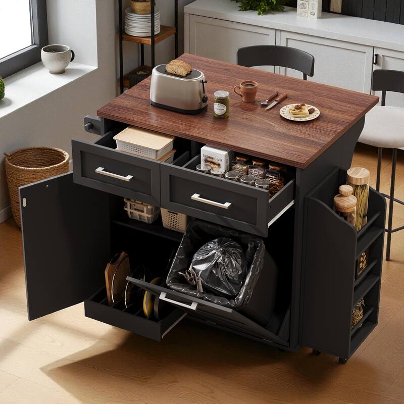 47.2" Farmhouse Kitchen Island with Drop Leaf, Rolling Kitchen Cart with Drawers, Removable Side Racks, and Trash Can Cabinet