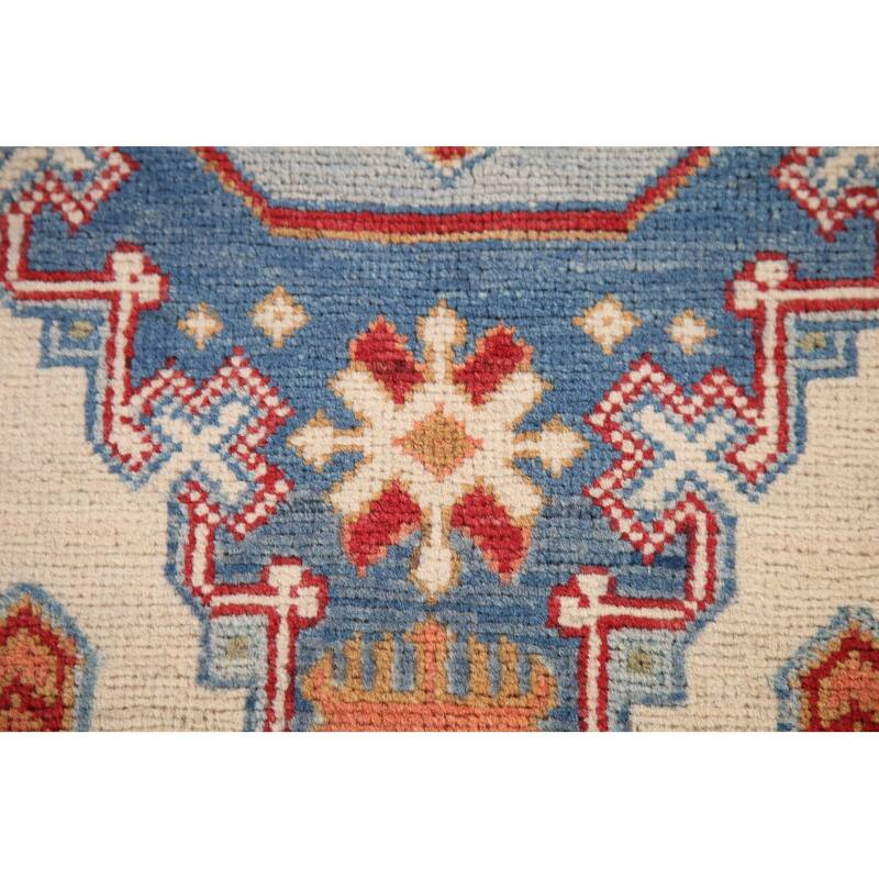 Ivory Geometric Kazak Oriental Accent Rug Handmade Wool Carpet - 3'5"x 4'11"