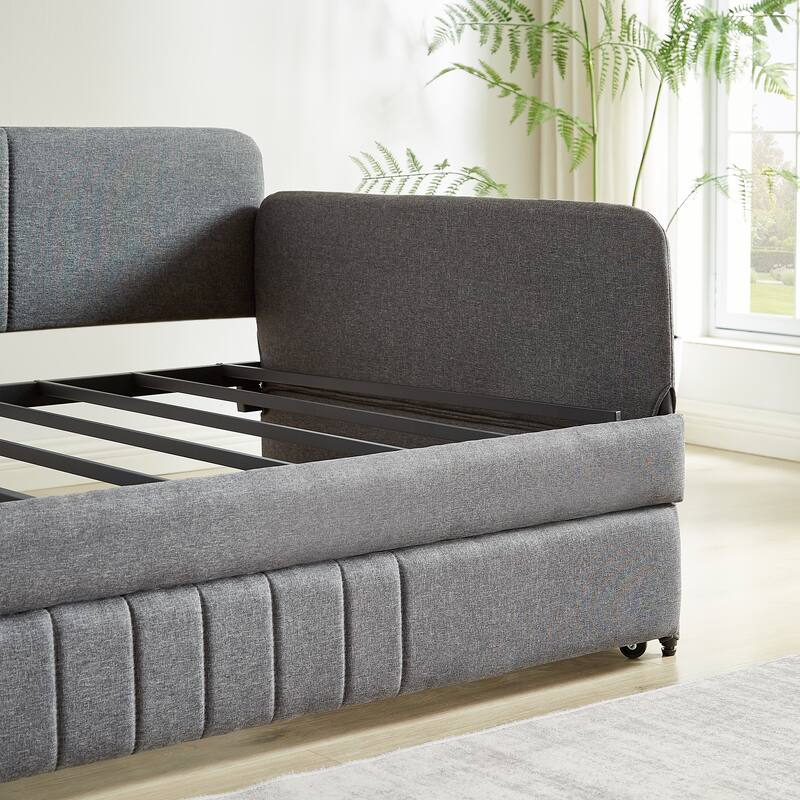 Grey Metal Daybed with Trundle, Twin Size, Space-Saving Design