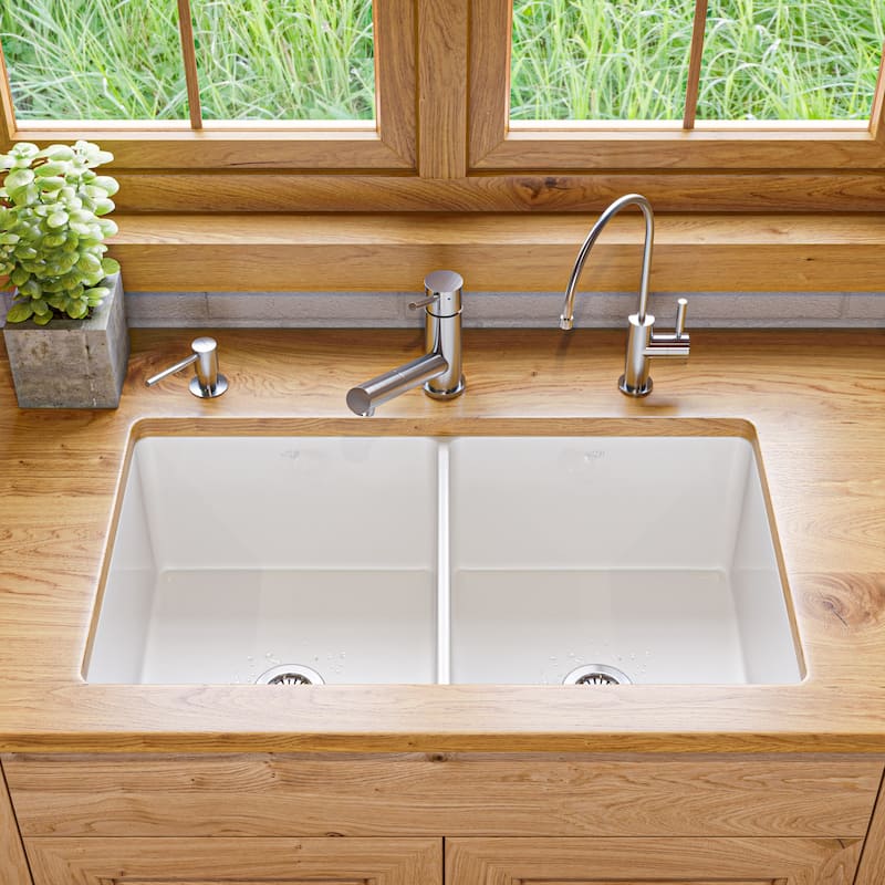 ALFI brand ABF3219DUD-W White 32" x 19" Double Bowl Fireclay Undermount / Drop In Fireclay Kitchen Sink