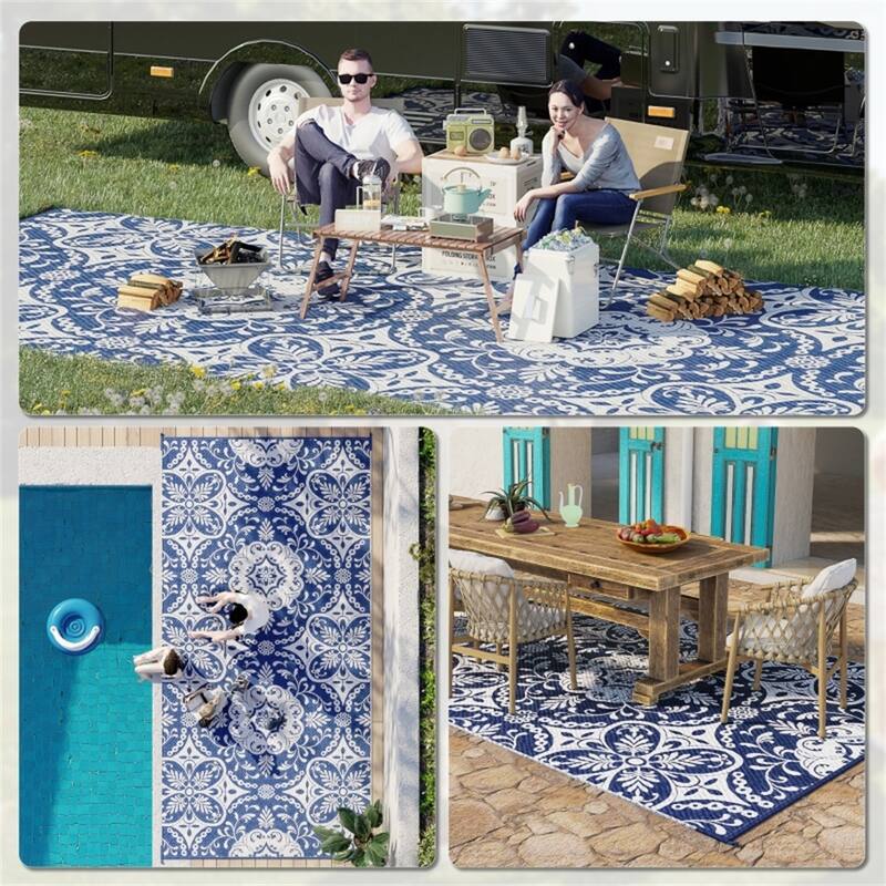 Reversible Outdoor Rug Large Picnic Blanket with Carry Bag for Camping, RV Trips and Backyard Use Blue White Floral