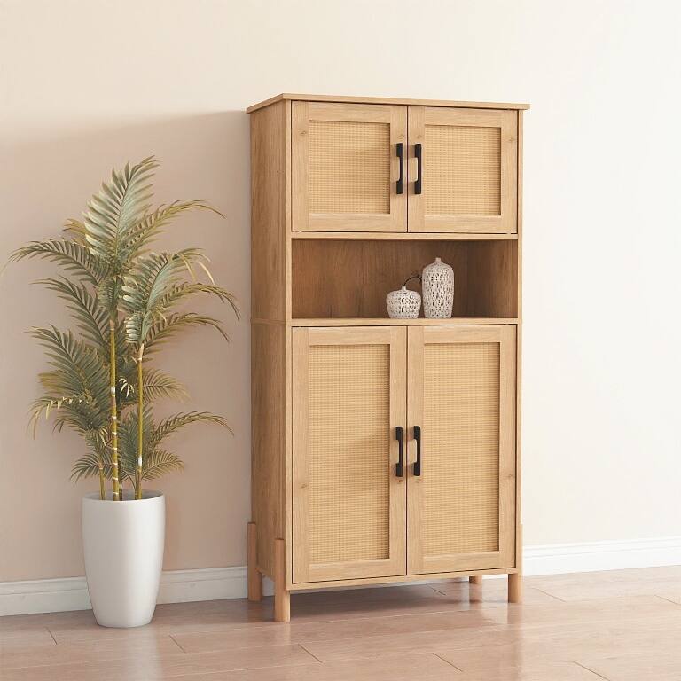 Four-Door Sideboard Buffet Cabinet, Storage Cabinet with Woven Rattan Doors, Accent Cabinet with Adjustable Shelves
