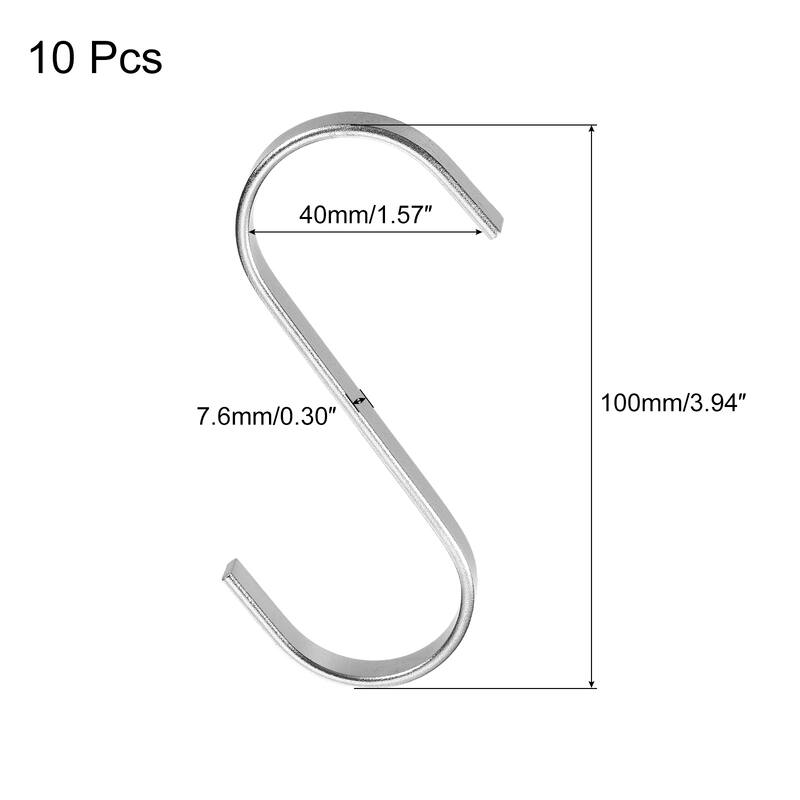 10Pcs 3.9" Flat S Hooks Hanging Hook for Home Kitchen Storage, 7.6mm - Silver