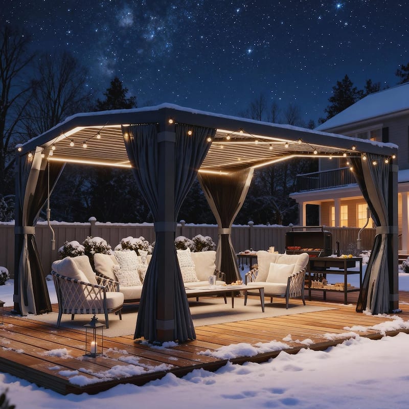 Erommy Outdoor Louvered Pergola Gazebo with Adjustable Aluminum Rainproof Roof and Pull-Down Screen