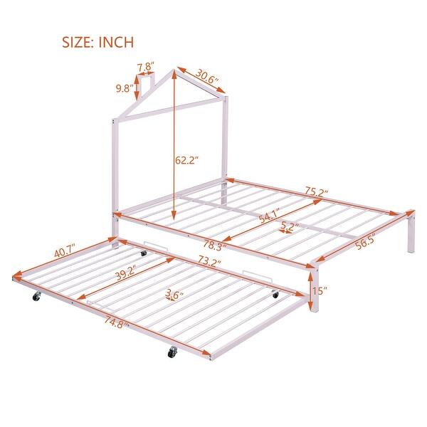 Pink Full Size Metal Platform Bed with trundle, House-Shaped Headboard Design for Kids, Boys and Girls