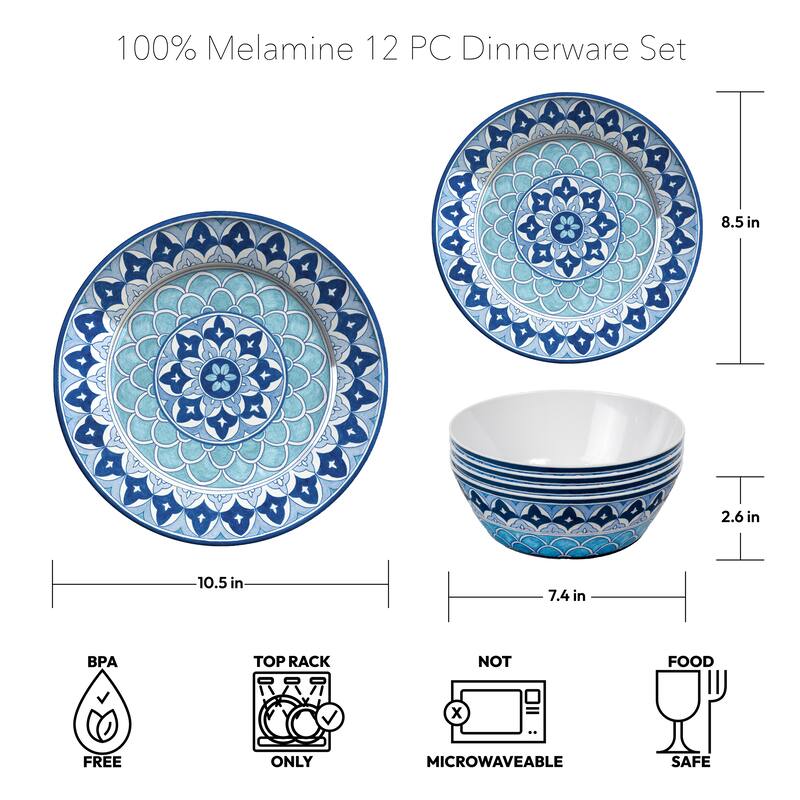 Abode Homewares Blue Medallion Melamine 12-Piece Dinnerware Set - Blue