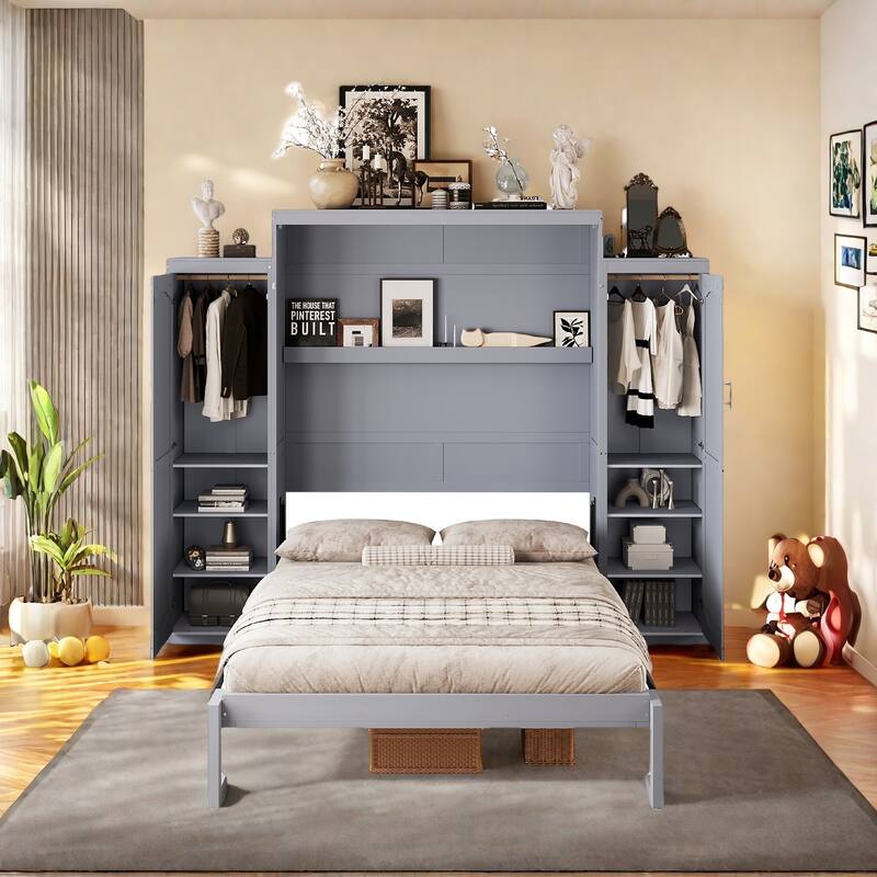 Queen Size Murphy Bed with Built-In Wardrobes with 2 Storage Closets and Shelves - Gray