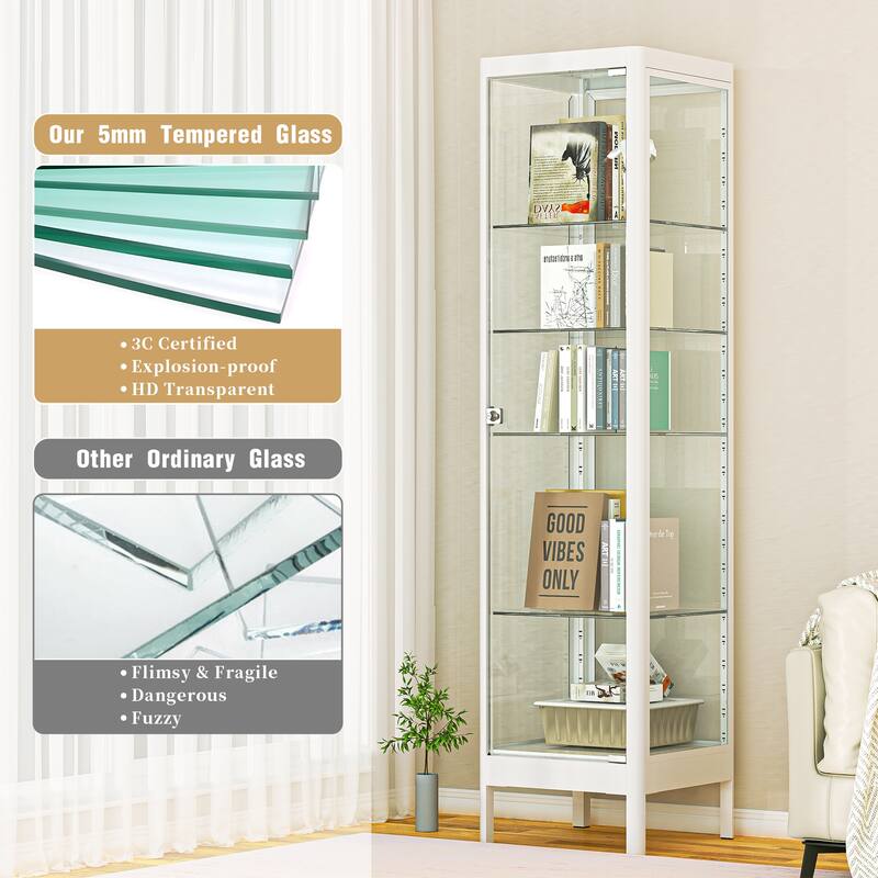 5-Tier Tempered Glass Curio Display Cabinet with Adjustable Shelves - 63"H x 15.4"W x 15.8"D