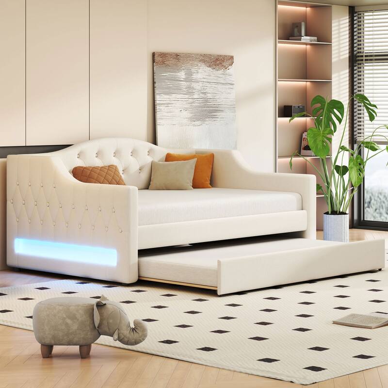 Full XL Upholstered Daybed with LED Lighting and Trundle in Beige
