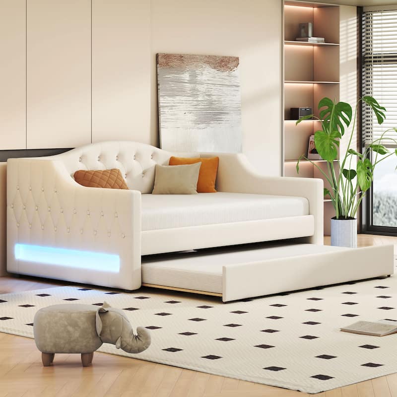 Linen Fabric Daybed Sofa Bed with LED Lights on Both Sides, Upholstered Tufted Platform Bed Frame with Trundle Bed