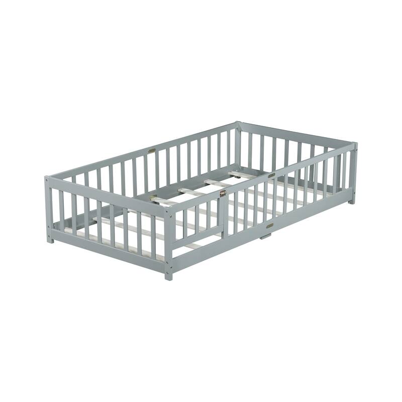 Twin Size Floor Bed with Fence and Door, Rubber Wood Floor Bed with Safety Guardrails
