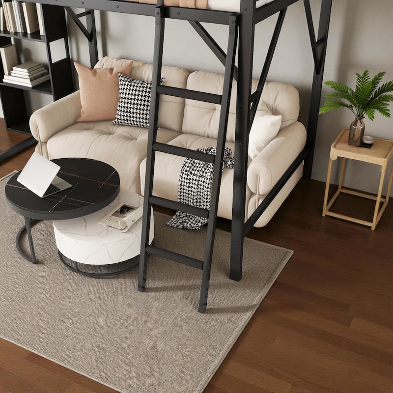 Full/Queen Size Metal Loft Bed with Storage Shelves, Guardrails, and Ladder, Space-Saving High Loft Bed for Kids and Teens