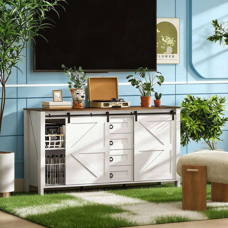 Rossetta Farmhouse Retro Classic Barn Door Design Buffet Cabinet with Sliding Doors and Adjustable Shelves - Cream White