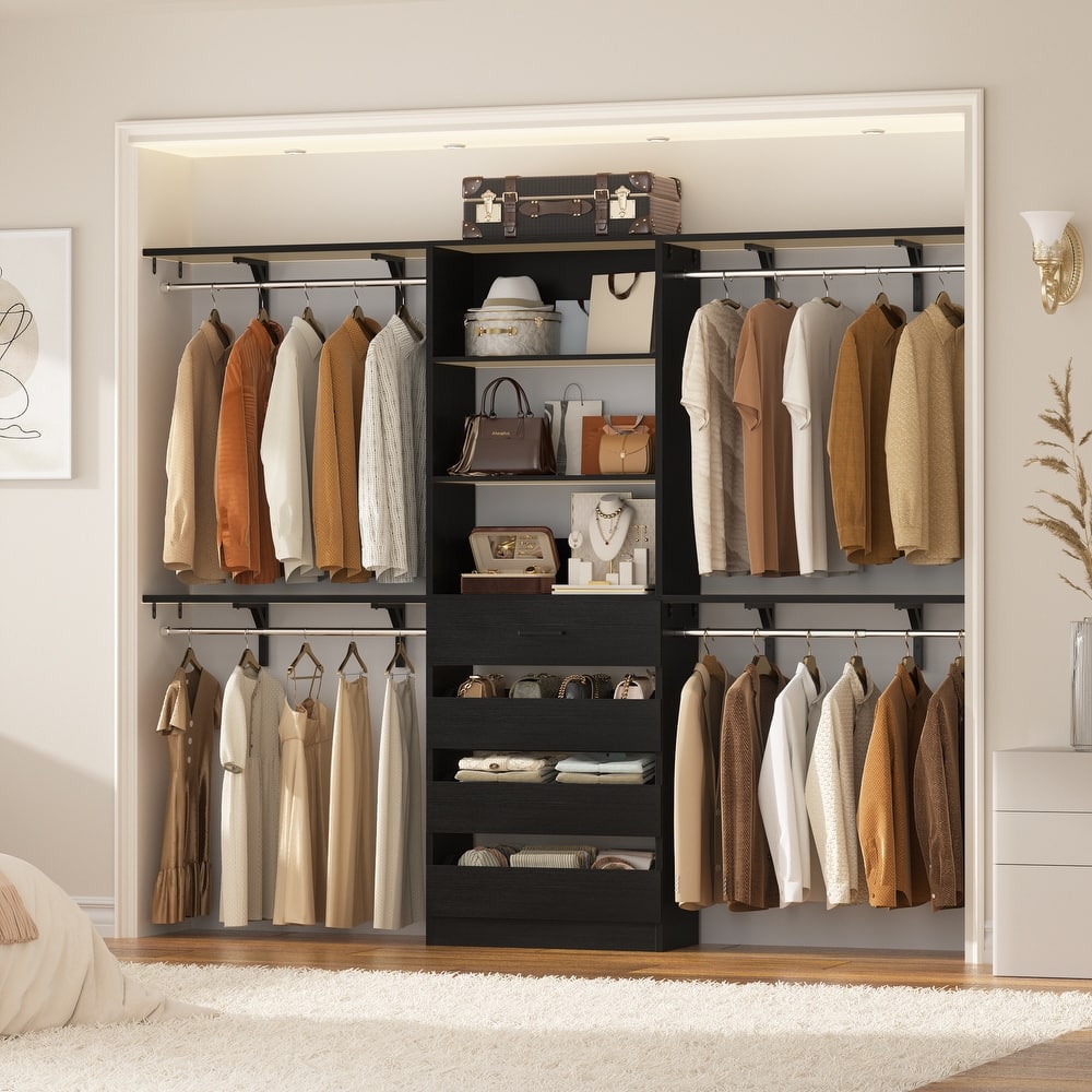 Rackcog 96'' Closet System with 4 Drawers and 4 Hanging Rods, 8FT Wood Closet Organizer for Walk-in Closet