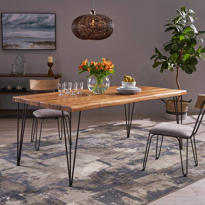 Industrial Rectangular Dining Table Acacia Wood and Metal Hairpin Legs