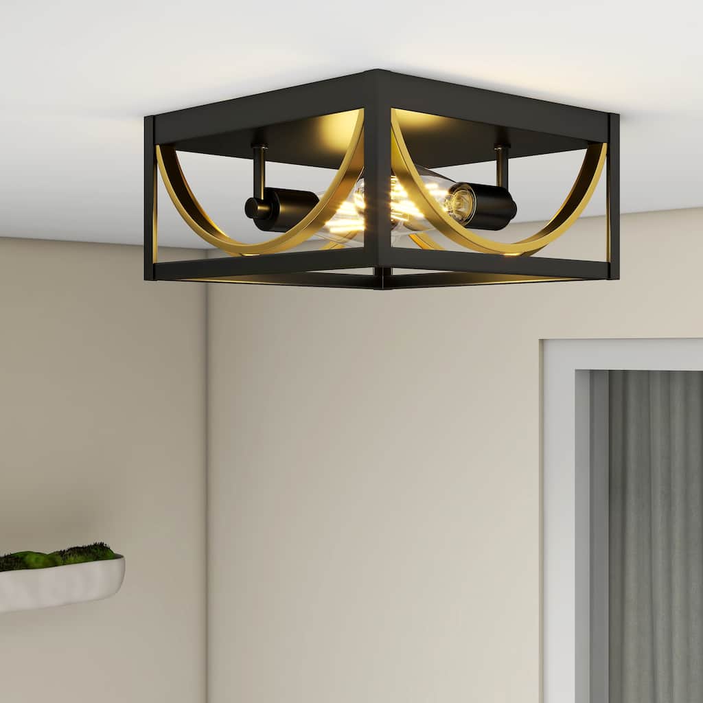 2-Light Caged Flush Mount Light - Black And Golden - 11.8"x11.8"x5.5"