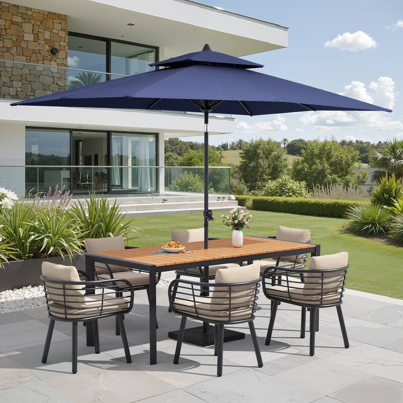 9/11-Piece Outdoor Patio Dining Set w/10 ft Umbrella and Base Aluminum Dining Table and Dining Chairs with Sunbrella Cushions