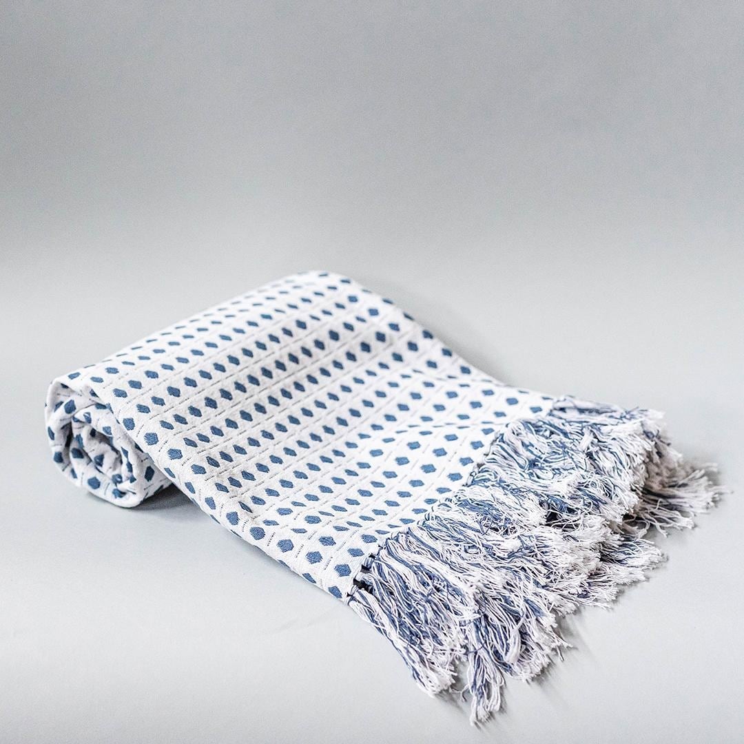 White With Blue Diamonds And Tassels Cotton Throw