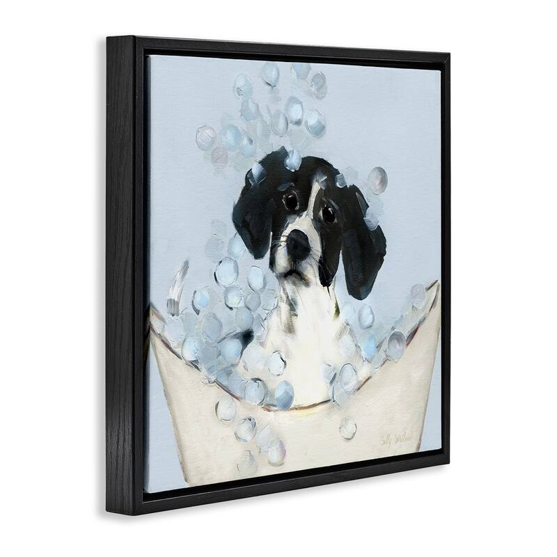 Stupell Black & White Puppy in Tub Framed Floater Canvas Wall Art Design By Sally Swatland