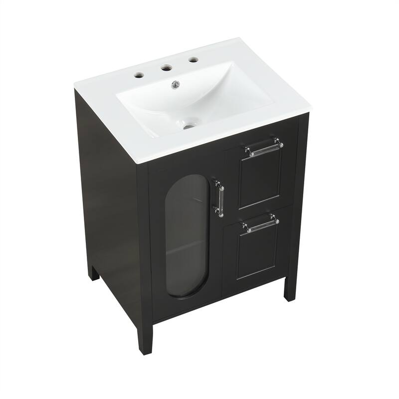 24" Black Bathroom Vanity with Sink - Solid Wood & MDF, Moru Glass Door, 2 Drawers, Adjustable Shelf