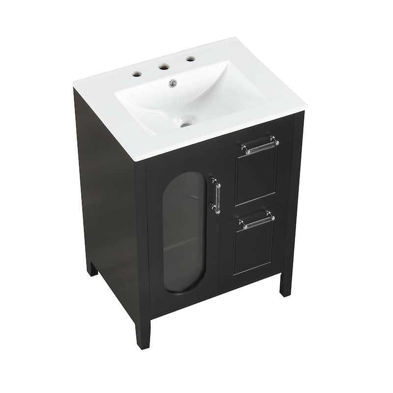 GDFStudio - Emma 24-Inch Bathroom Vanity with Ceramic Sink, Moru Glass Door and Adjustable Storage