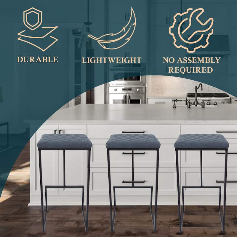 Quincy Leather Counter Barstool – Upholstered Square Seat with Quilted Back, Footrest, and Metal Legs for Kitchen or Dining Area