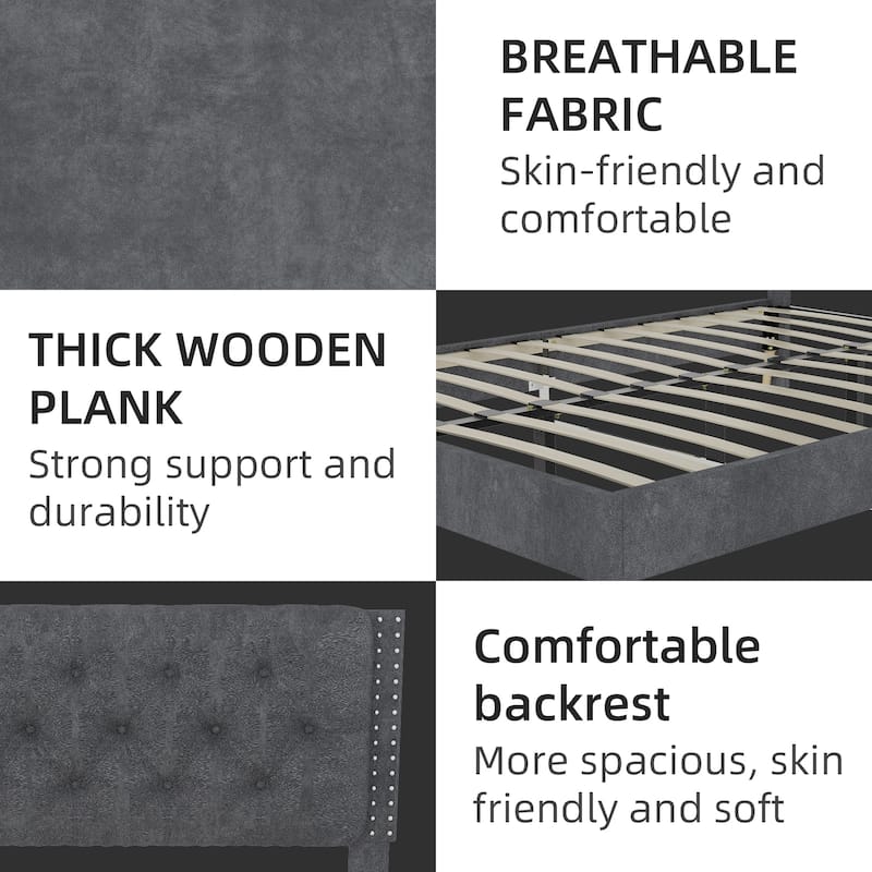 Queen Size Platform Bed Frame with Upholstered Headboard