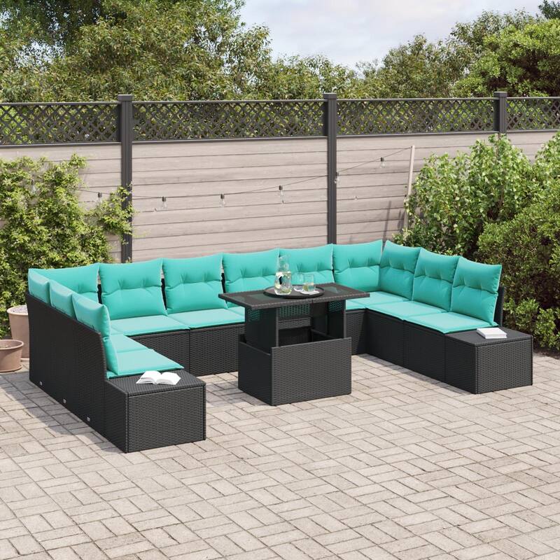 vidaXL 11 Piece Garden Sofa Set with Cushions Black Poly Rattan - 135.4×82.3×27.2