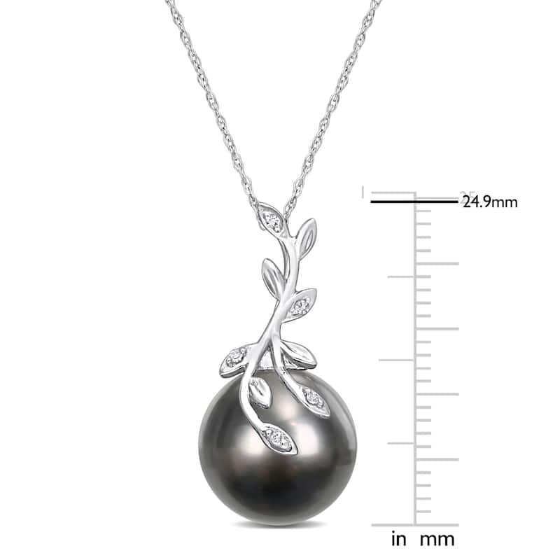 Miadora Black Tahitian Cultured Pearl & Diamond Accent Leaf Pendant in 14k White Gold (12-12.5mm)
