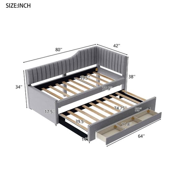 dimension image slide 0 of 4, Daybed Captain Bed Upholstered Bed with Trundle and 3 Drawers, Elegance Stripe Design L-Shaped Upholstered Daybed Platform Bed