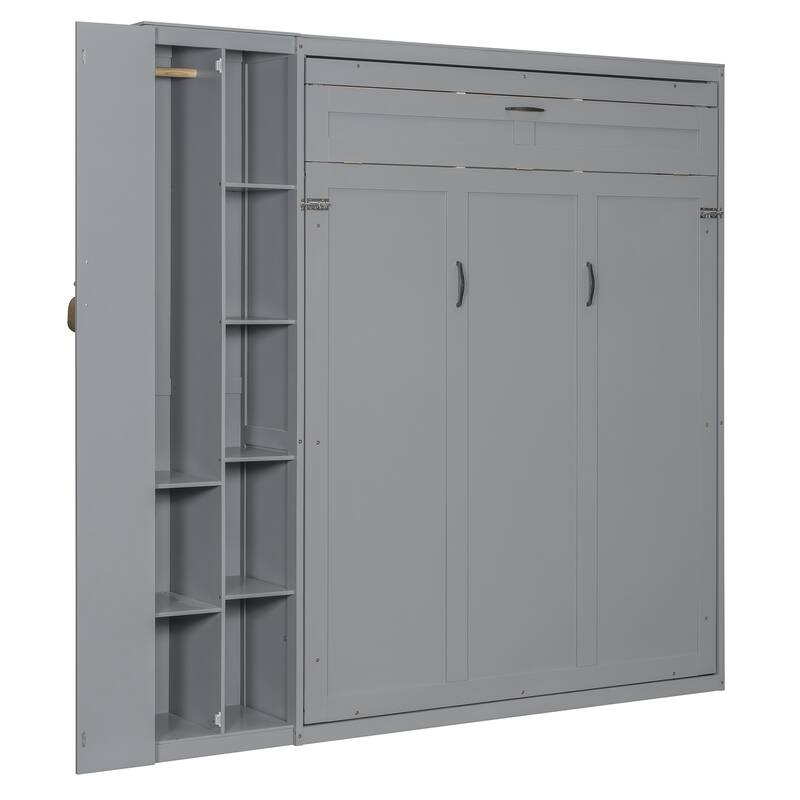 Space-Saving Queen Murphy Bed with Shelves, Wardrobe and LED Lights in Gray