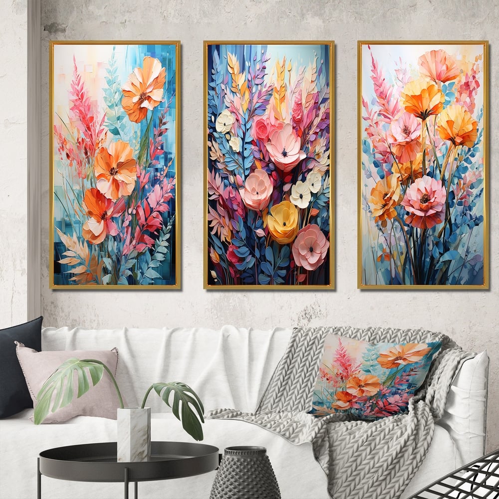 Designart "Multicolored Ferns Collage VII" Floral & Botanical Framed Wall Art Set Of 3 For Home Decor