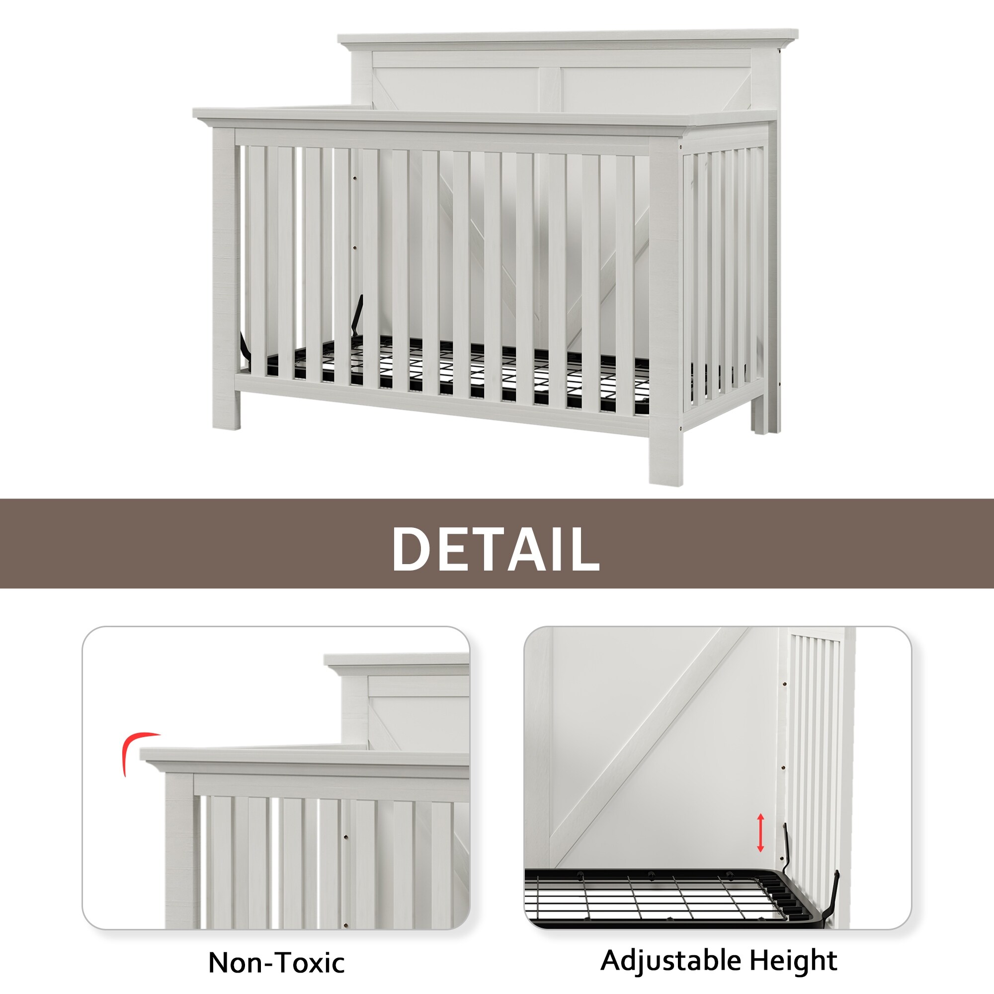 Rustic Farmhouse Style Whitewash 4 in 1 Convertible Baby Crib