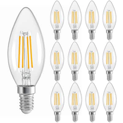 12-Pack E12 LED Candelabra Bulbs, 4W 2700K Warm White, Clear Glass, 60W Equivalent, Decorative Flame Tip Light Bulbs - white