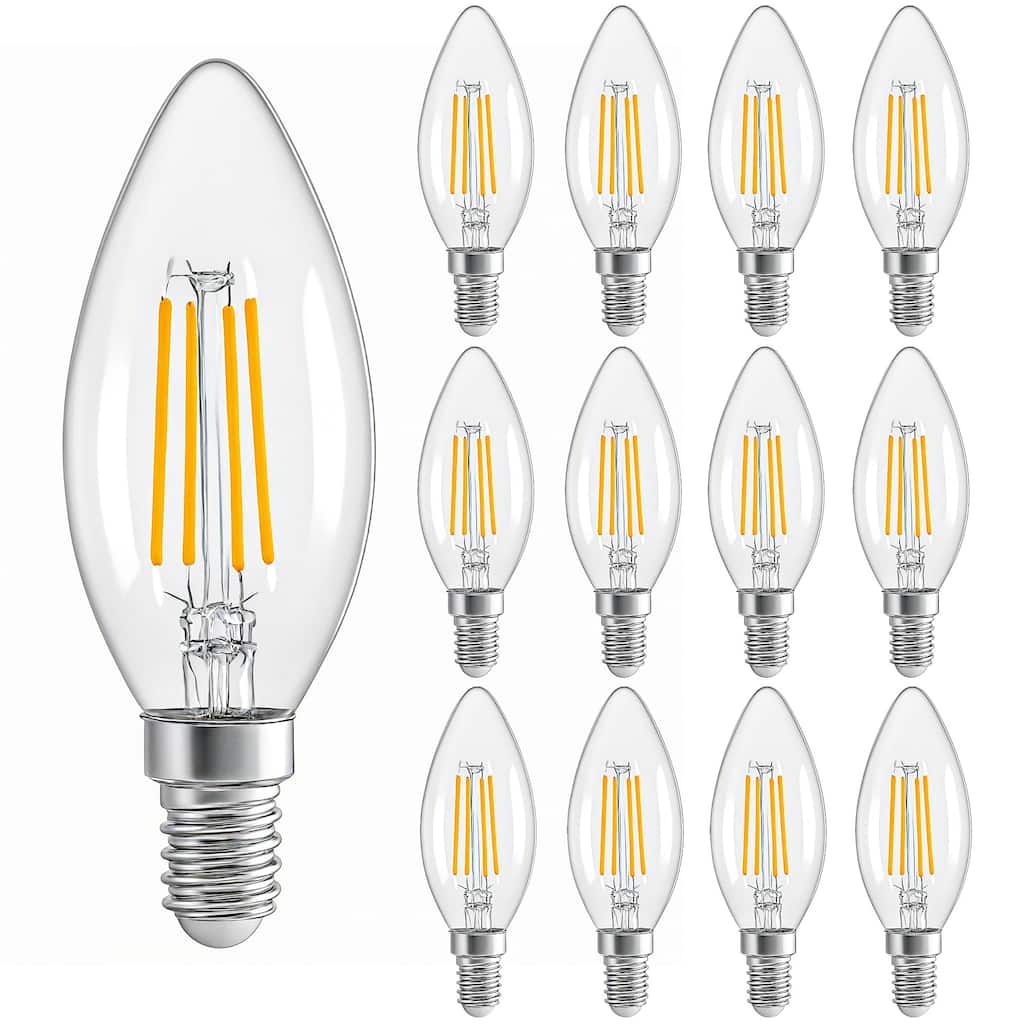 12-Pack E12 LED Candelabra Bulbs, 4W 2700K Warm White, Clear Glass, 60W Equivalent, Decorative Flame Tip Light Bulbs - white