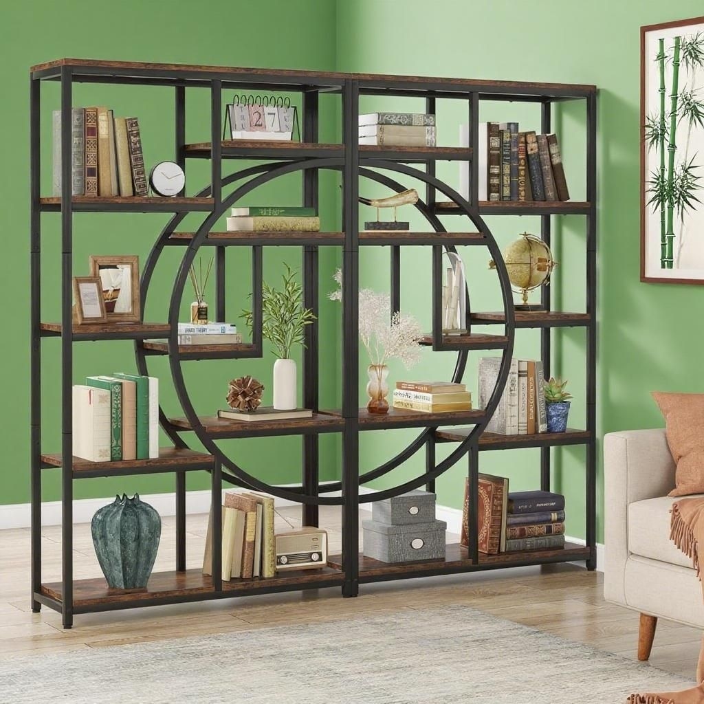 High Bookshelf With 9 open shelves, wooden arched bookshelf, display rack, suitable for living rooms, storage cabinets