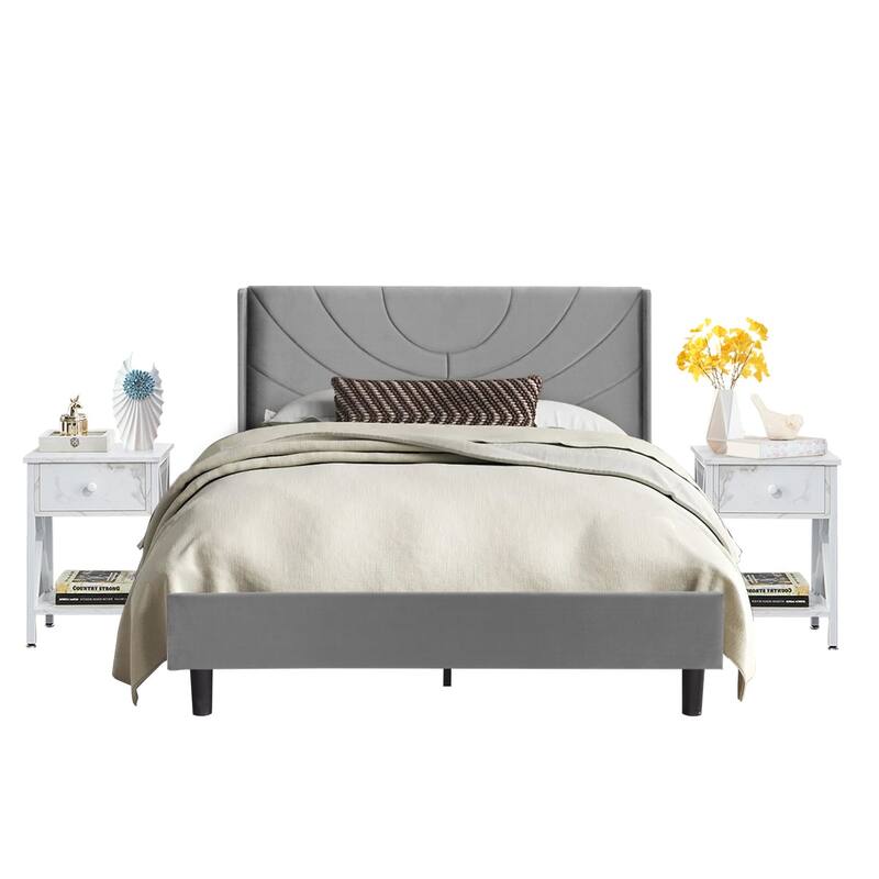 VECELO Bedroom Sets 3-pieces Bedroom Set with Height Adjustable Upholstered Bed and Nightstands Set of 2