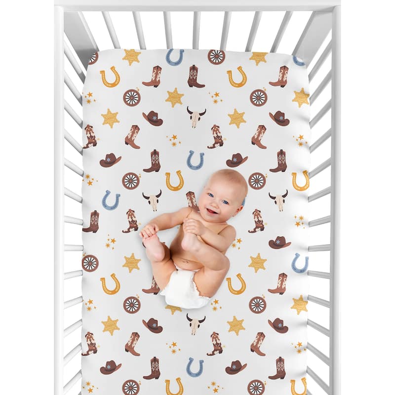 Sweet Jojo Designs Boho Western Cowboy Boy Fitted Crib Sheet - Blue, Bohemian, Vintage Wild West, Cow Boy Boots, Southern Charm