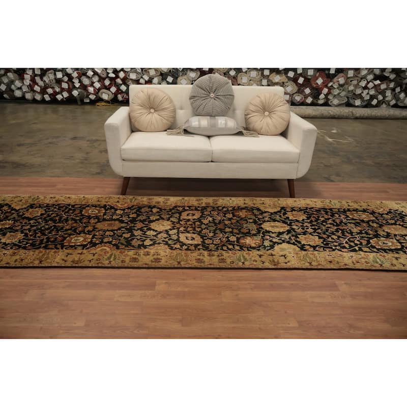Hand Knotted Oriental 100% Wool Carpet Traditional All-Over Black Peshawar Runner Rug - 12' 1'' X 3' 3''