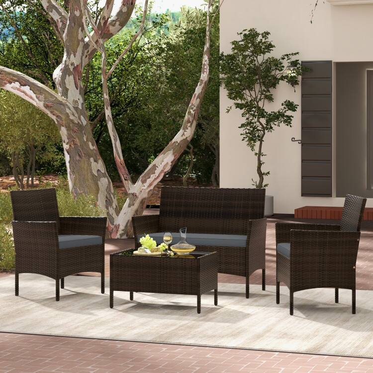 4 Piece Outdoor Rattan Patio Set with Cushions and Glass Table - 39.5" x 22.5" x 32"