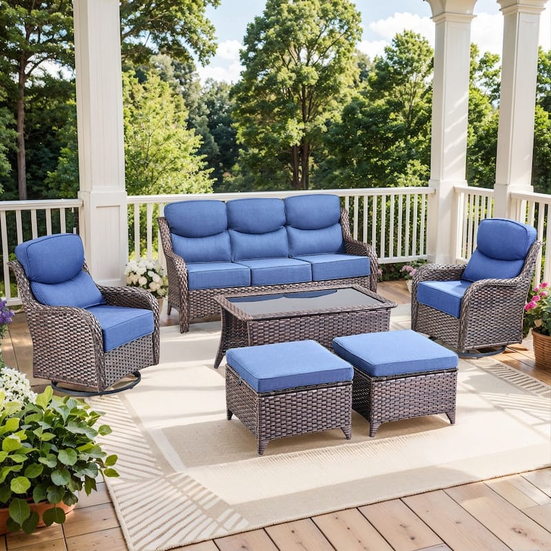 Pocassy Outdoor Sofa Patio Swivel Chairs Sets - Brown Wicker Blue Cushion - S-a Swivel Chair with Ottoman Set - 6PCS