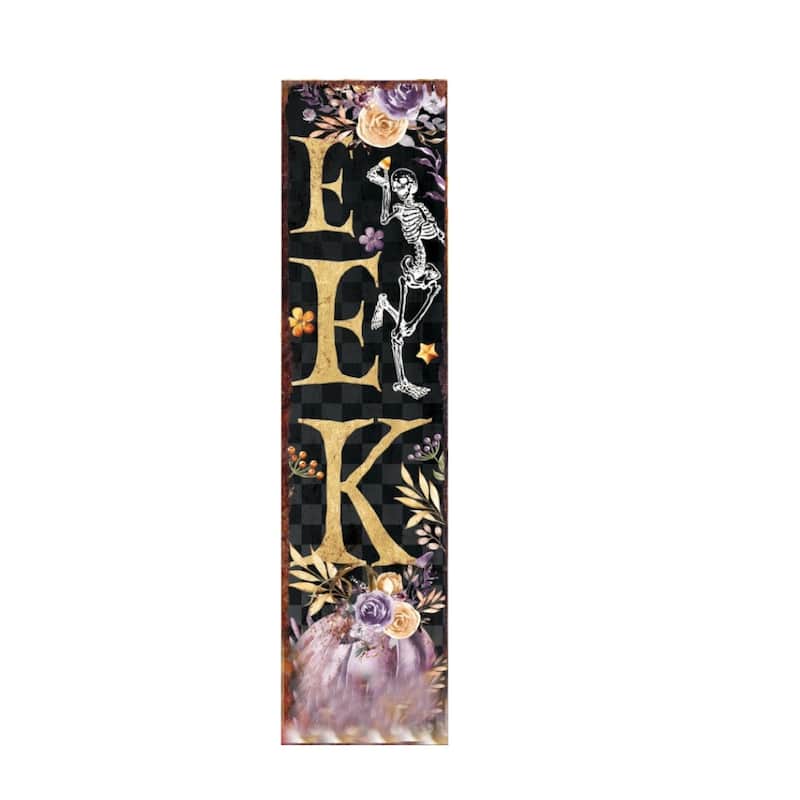 HomeRoots 36" Black Gold And Purple Solid Wood Eek Halloween Skeleton Porch Sign