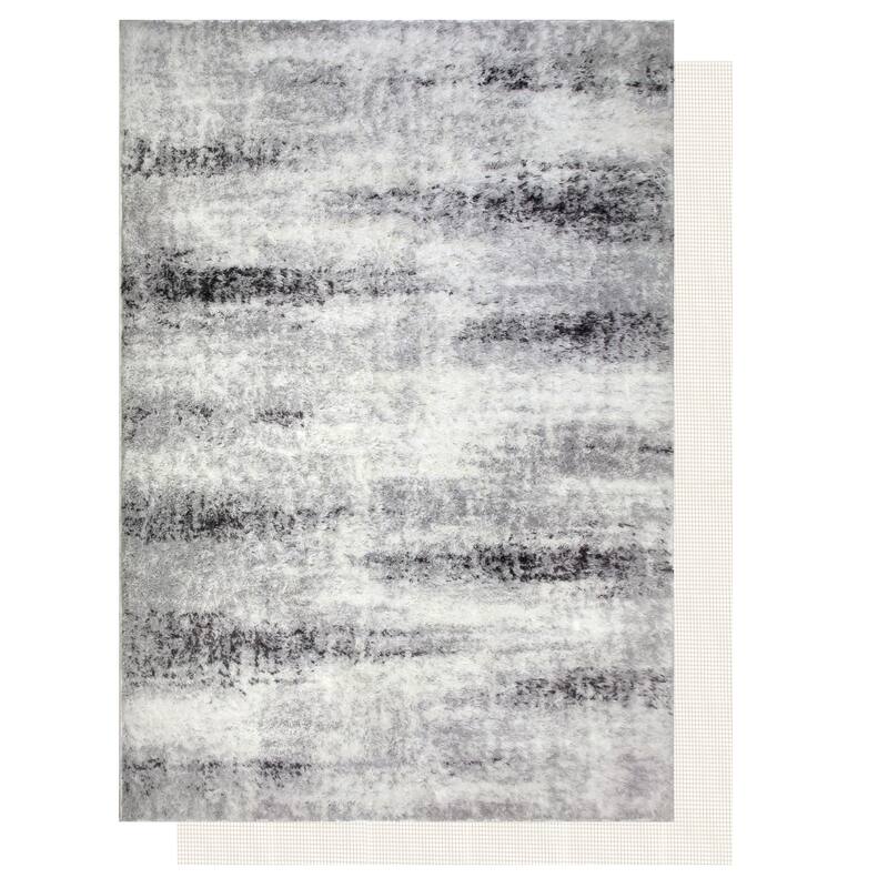 Leick Home Zielle Grey Area Rug Soft Shag in Painterly Modern with Rug Pad