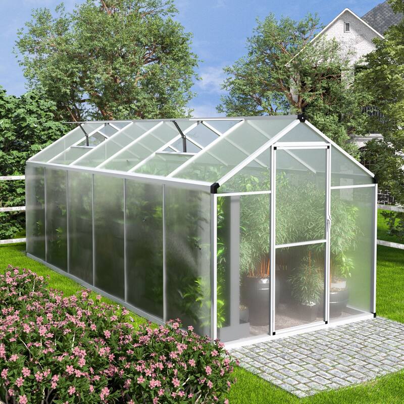 VEIKOUS Aluminum Walk-In Garden Greenhouse Kit with Adjustable Roof Vent and Lockable Door White - 6'×10'