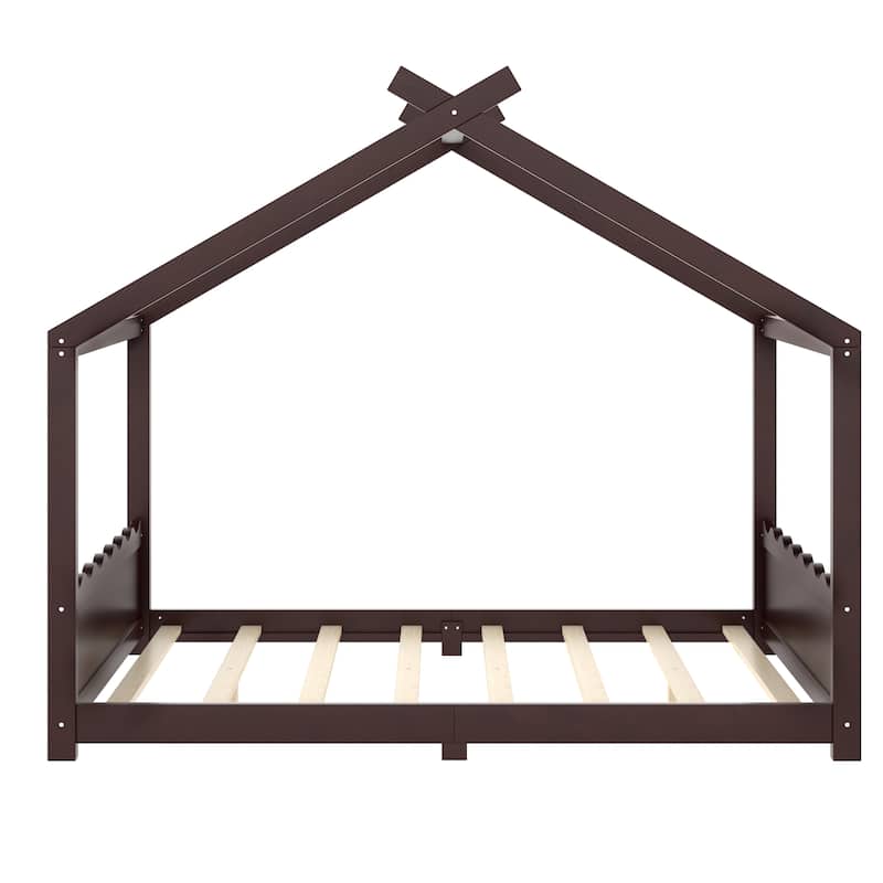 Queen/Full/Twin Solid Wood House Floor Bed, No Box Spring Needed